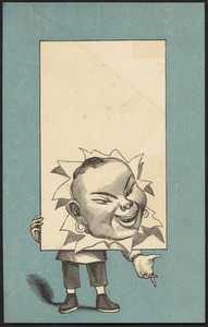 Man with his head through a piece of blank paper.