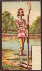 Man with monocle and bathing costume standing with an oar by the water.