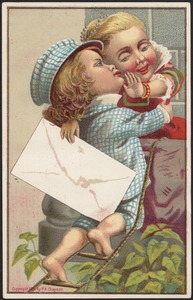 Boy climbing a ladder to try to kiss girl who is holding a blank envelope.