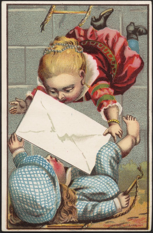 Girl falling off of a ladder on top of boy, blank envelope between the couple.