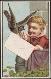 Girl getting a blank envelope tied to a bird.