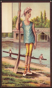 Man standing by the water with an oar.