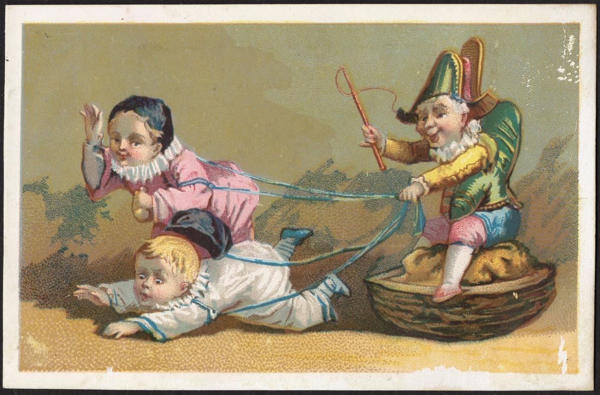 Three boys, two in harness being driven by a third on a half shelled walnut.