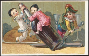 Three boys, two on a wine bottle being tipped over with a spoon by a third.
