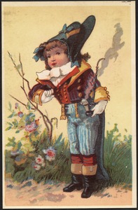 Boy in historical costume holding a smoking pipe.