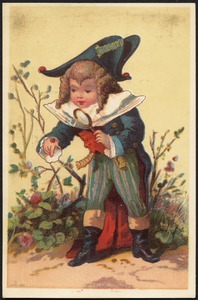 Boy in histoical costume examining a ladybug, magnifying glass in hand.