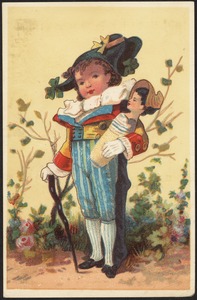 Boy in historical costume with walking stick holding a doll.