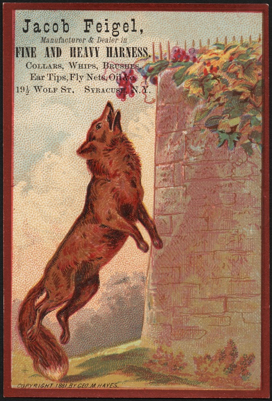 Jacob Feigel. Manufacturer & dealer in fine and heavy harness. Collars, whips, brushes, ear tips, fly nets, oil &c. 19 1/2 Wolf St., Syracuse, N.Y.