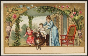 Woman and two children outside, woman putting the younger child on a large dog to ride.