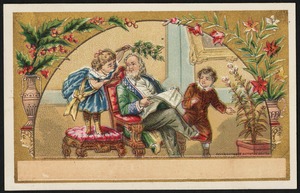 Two children playing with a seated older man.