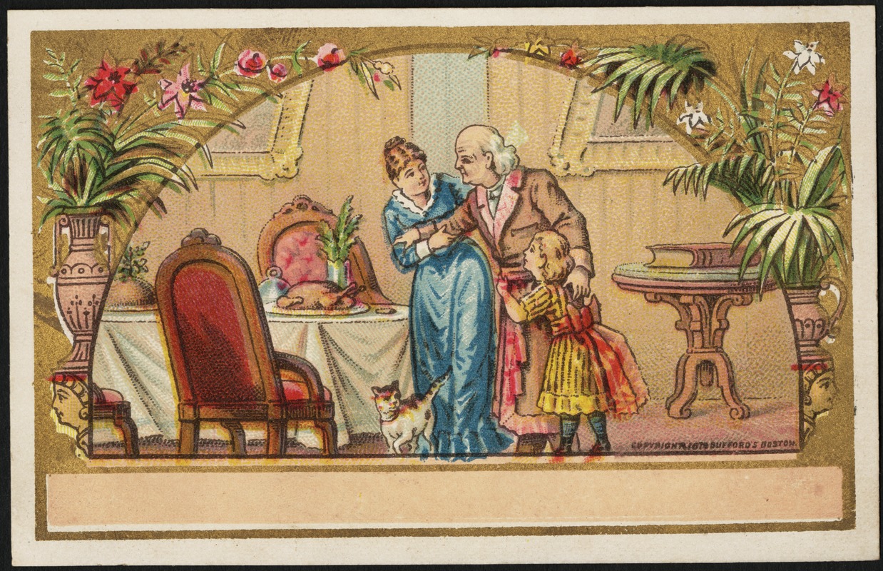 Woman and girl helping an older man walk to the dinner table, cat by the woman's feet.