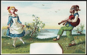 Woman with a bird's head dancing with a man with a ram's head playing the bagpipes.