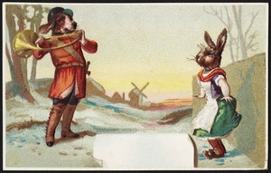 Woman with a rabbit's head listening to a man with a dog's head playing a horn.