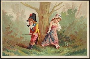 Girl and boy in historical costume facing away from each other by a tree trunk. The boy is holding a stick, the girl is holding a handkerchief.