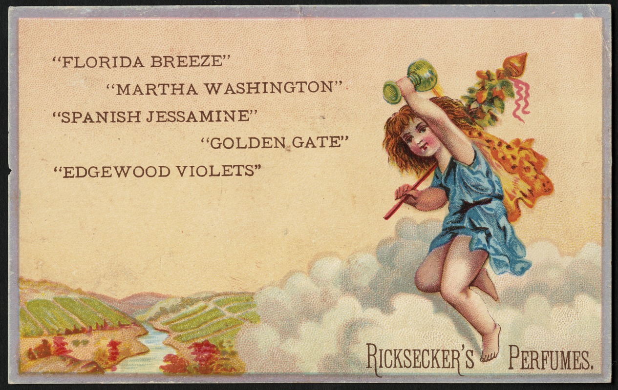 "Florida Breeze" "Martha Washington" "Spanish Jasmine" "Golden Gate" "Edgewood Violets" Ricksecker's Perfumes.