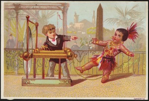 One boy dressed as a gentleman pointing to a boy in native dress.