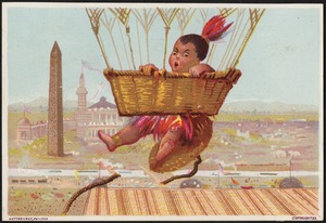 Boy in native dress hanging on to the basket of a hot air balloon as it goes up.