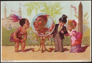 Boy dressed as a gentleman and a girl dressed as a lady looking at a boy in native dress staring at a reflection of himself.