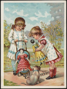 Two girls and a dog, one holding a doll, looking at another doll in a stroller.