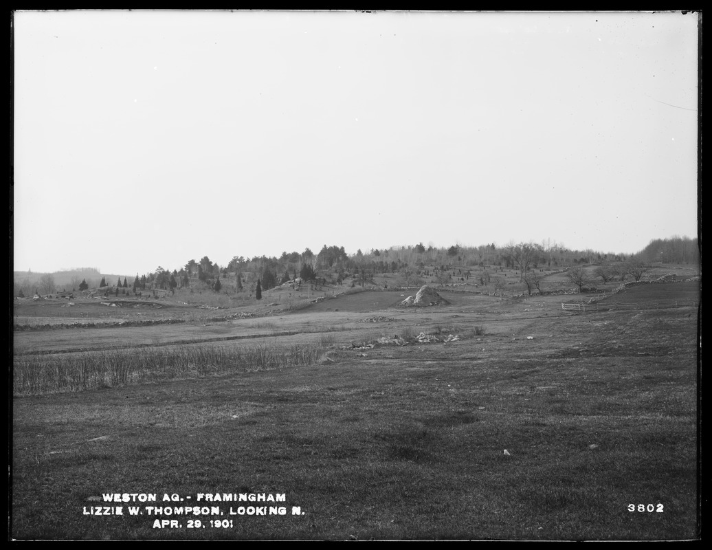 Weston Aqueduct, Lizzie W. Thompson's property, looking northerly, Framingham, Mass., Apr. 29, 1901