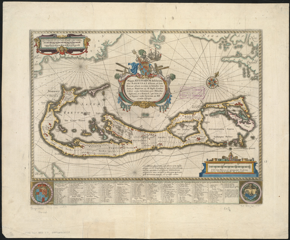 Mappa aestivarum insularum, alias Barmudas dictarum, ad ostia Mexicani aestuarij jacentium in latitudine graduum 32 minutorum 25 : Ab Anglia, Londino Scilicet versus Libonotum 3300 miliaribus Anglicanis, et a Roanoack (qui locus est in Virginia) versus Euronotum 500 mill. accurate descripta