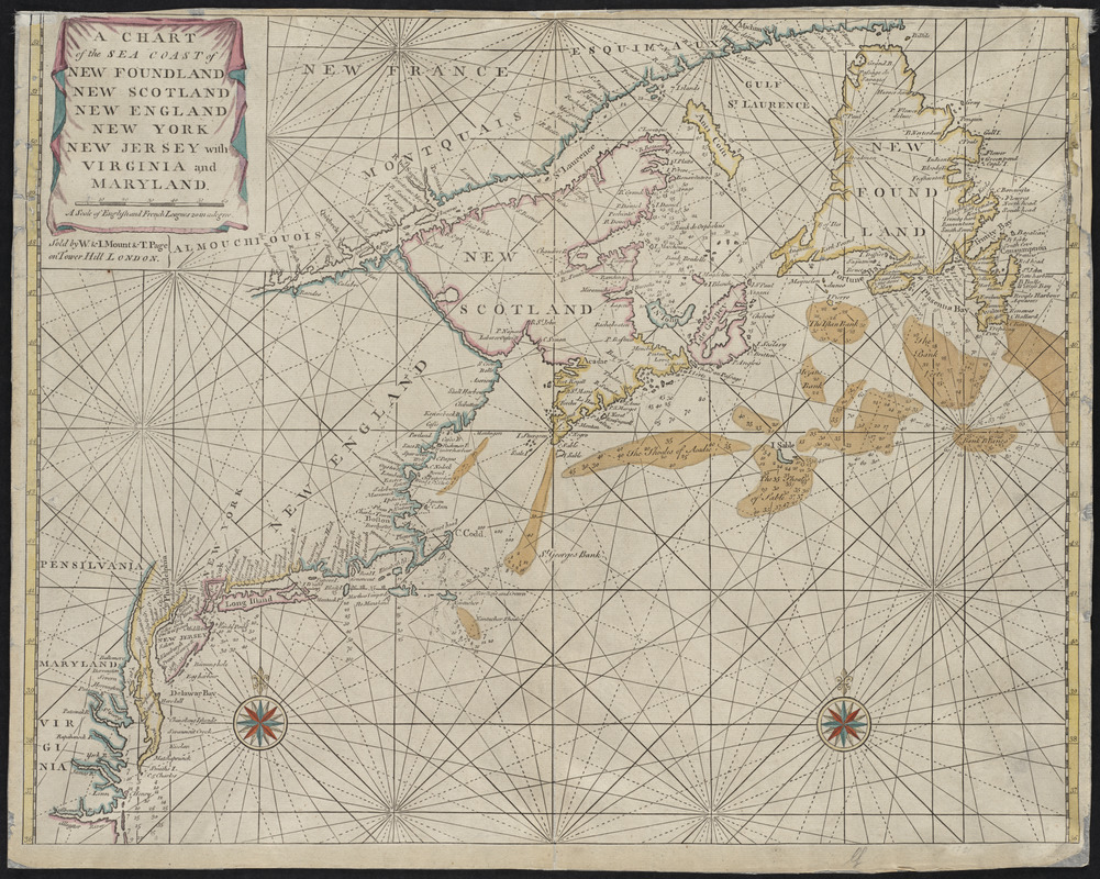 A chart of the sea coast of New Foundland, New Scotland, New England, New York, New Jersey, with Virginia and Maryland