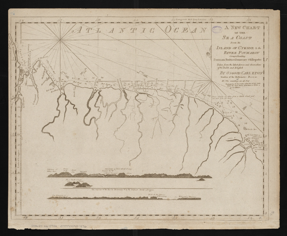 A new chart of the sea coast from the island of Cyenne to the river Poumaron comprehending Surinam Berbice Demerary & Essequebo taken from the latest surveys and observations of the Dutch and English