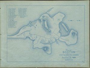 Plan of Boston showing existing ways and owners on December 25, 1630