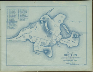 Plan of Boston showing existing ways and owners on December 25, 1631