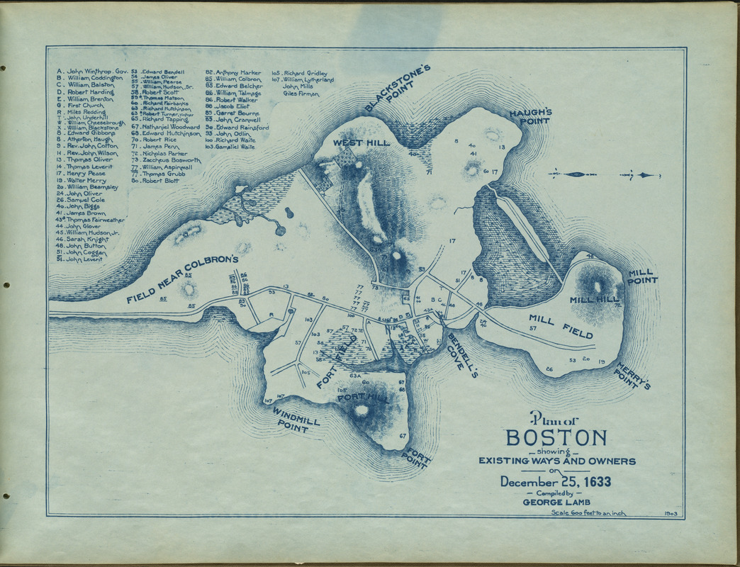 Plan of Boston showing existing ways and owners on December 25, 1633