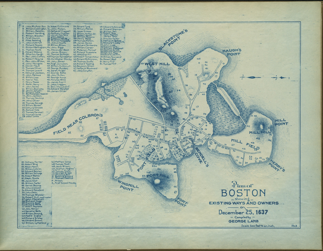 Plan of Boston showing existing ways and owners on December 25, 1637