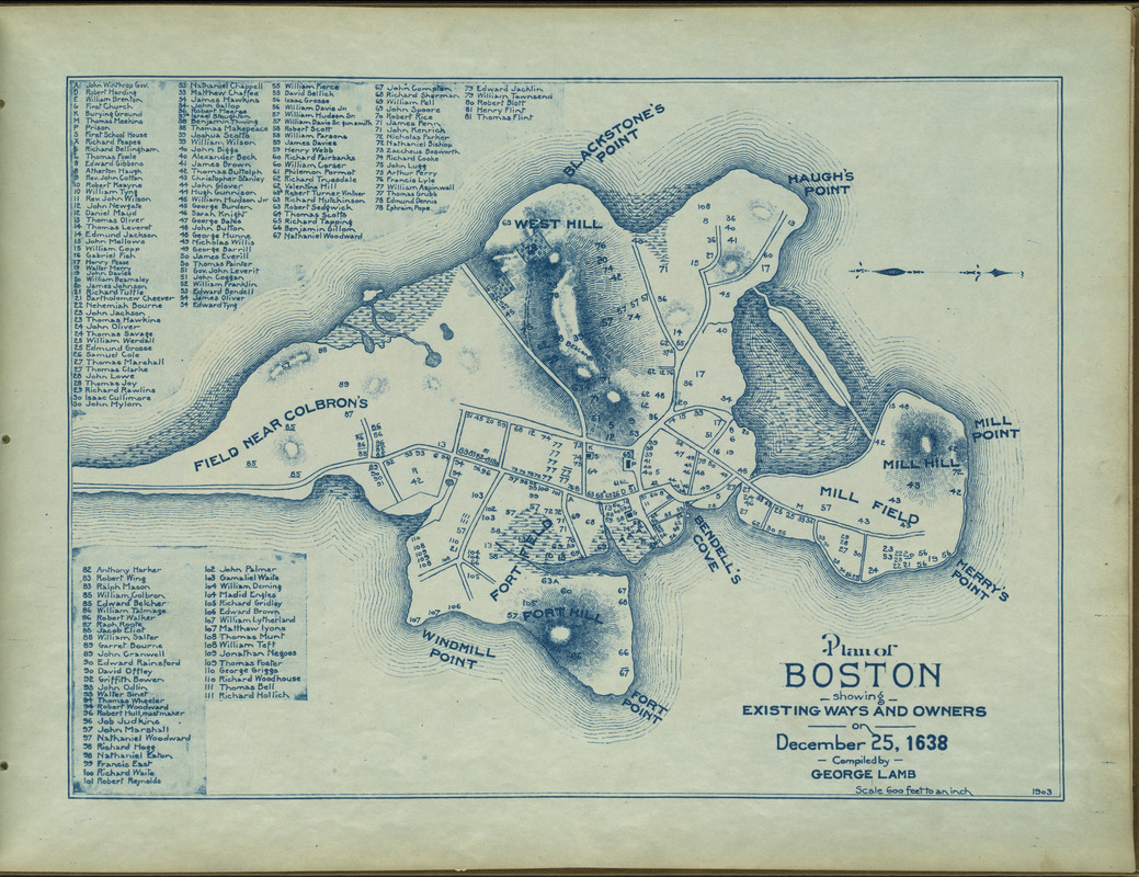 Plan of Boston showing existing ways and owners on December 25, 1638