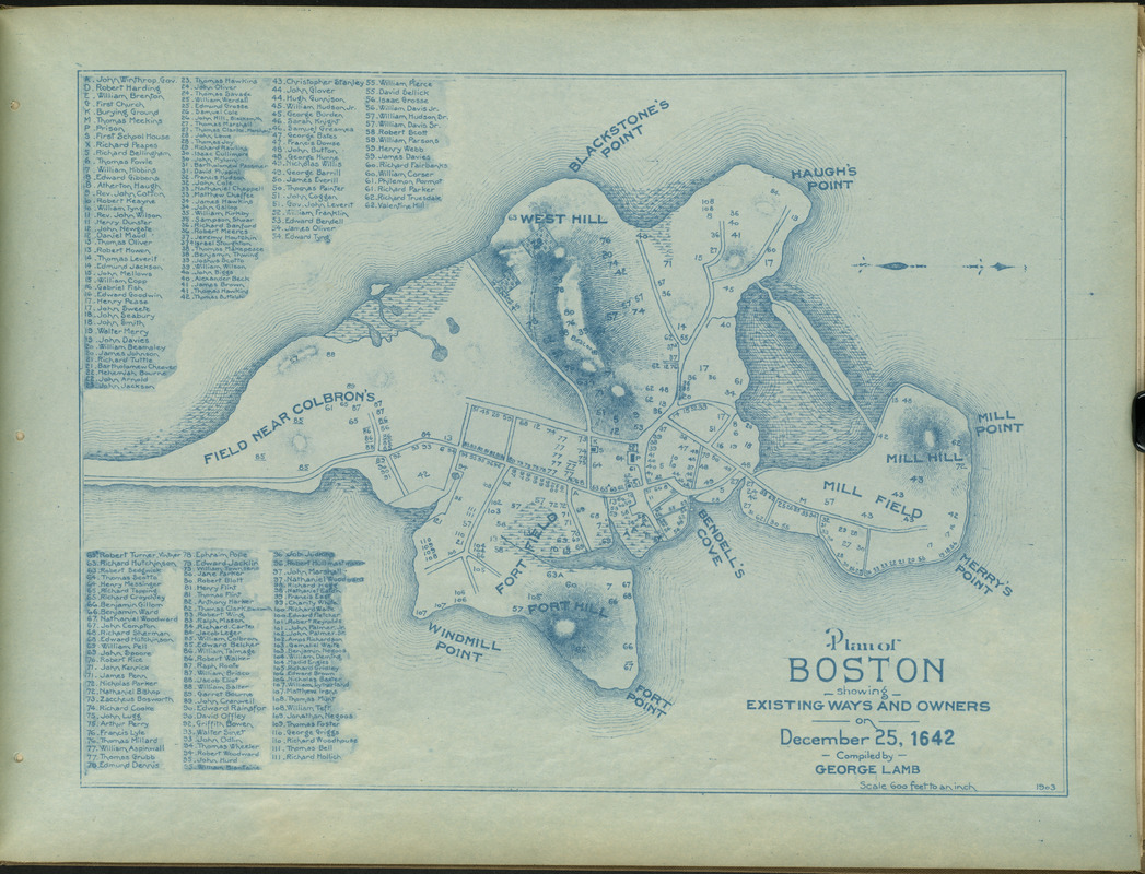 Plan of Boston showing existing ways and owners on December 25, 1642