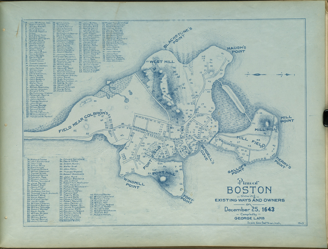 Plan of Boston showing existing ways and owners on December 25, 1643