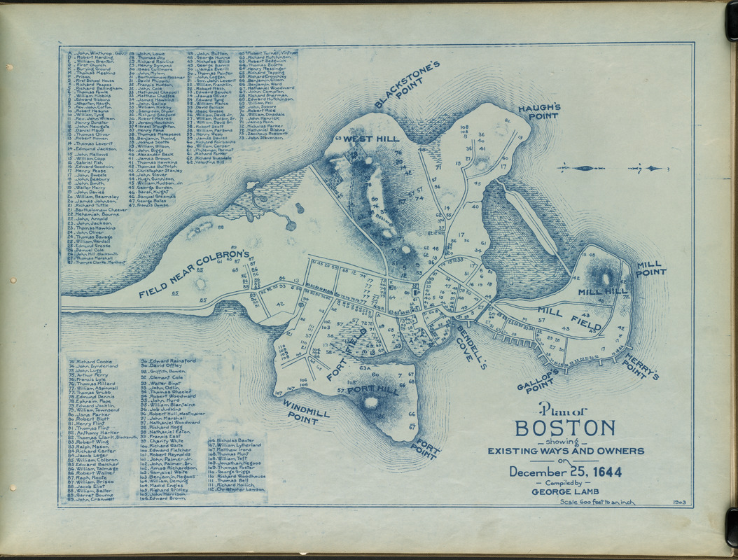 Plan of Boston showing existing ways and owners on December 25, 1644