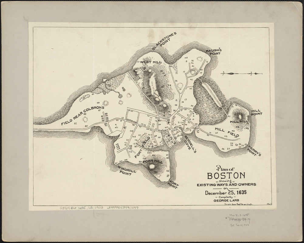 Plan of Boston showing existing ways and owners on December 25, 1635