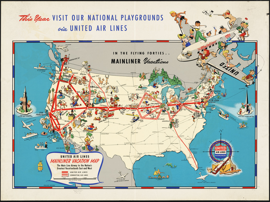 United Air Lines mainliner vacation map