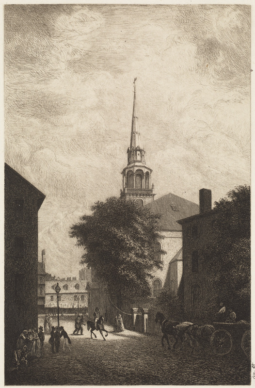 View of Boston street scene, steeple of the Old South Church (also known as the Old South Meeting House) can be seen in the distance