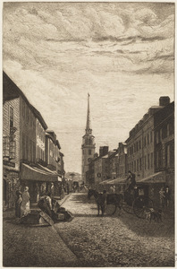 View of Boston street scene, steeple of the Old South Church (also known as the Old South Meeting House) can be seen in the distance