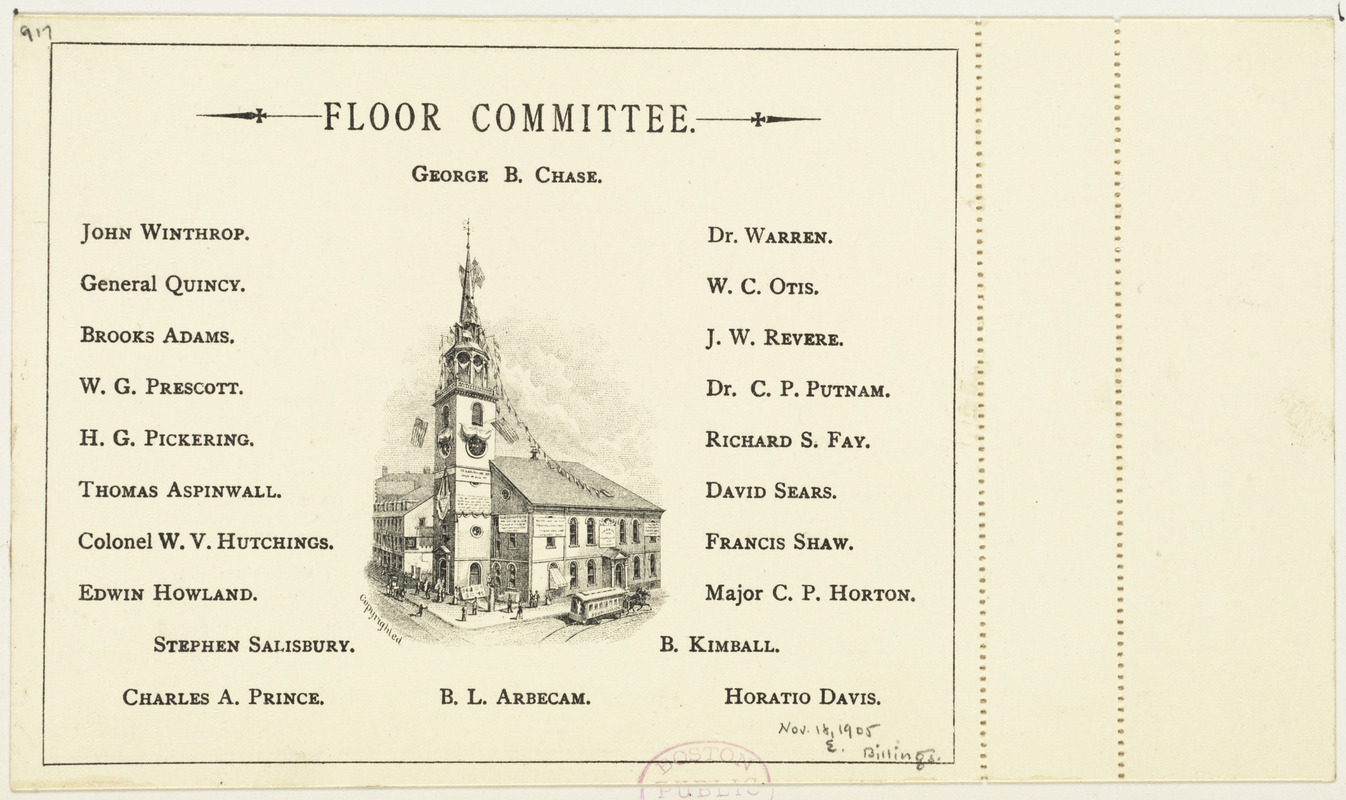 Card listing the floor committee members at the Old South Church (also known as the Old South Meeting House)