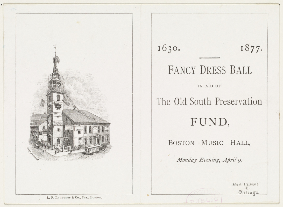 Advertising card for a ball in aid of The Old South Preservation Fund