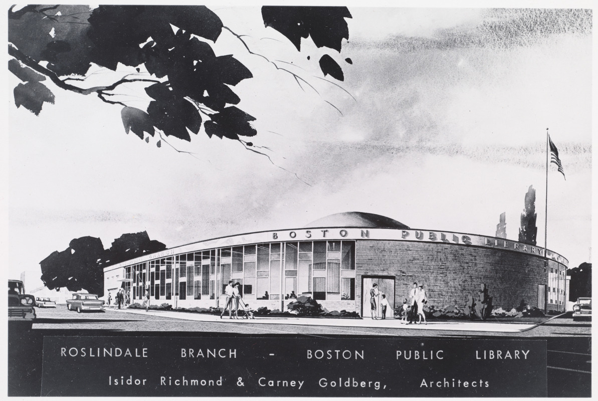 Architectural rendering of the Roslindale Branch of the Boston Public Library. Isidor Richmond & Carney Goldberg, architects