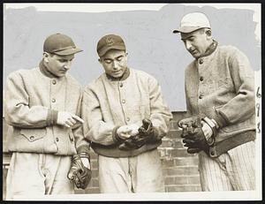Ready to step in there for nine innings are (left to right): Charley Brucato of Milford, Capt. Joe “Specks” Kelley of Dorchester and Red Durant of Providence. Capt. Joe again will hold down the shortstop berth, Charley will handle affairs at second base and Red, although only a sophomore, is set at third base for the Crusaders.