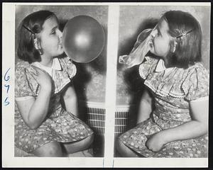Bubble Gum Demonstration-Joyce B. Dork, 8, of Cleveland, displays her accomplishment in blowing, after which (right) the gum reaches maximum expansion and goes pop! Removing the gum is Joyce's problem.
