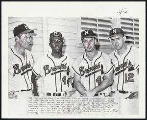 Cincinnati – Wrecking Crew – These four Milwaukee Braves set major league mark today slugging four homers in succession. Eddie Mathew (right center) started the home run parade in the seventh inning and Hank Aaron (left center) followed – both off starter JIm Maloney. Reliever Marshall Bridges took over and Joe Adcock (left) and Frank Thomas (right) followed with their big hits. Mathews also hit another homer his next try but the big effort was wasted; Cincinnati took a 10-7 victory.