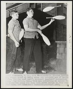 Limbering Up-- Les Kosanke, 16, right, warms up today under the watchful eye of brother Steve, 14, for next week's national juggler's convention here. The Dallas, Tex., boys are collecting $1 apiece from an uncle for every day they have nerve enough to stay away from home.