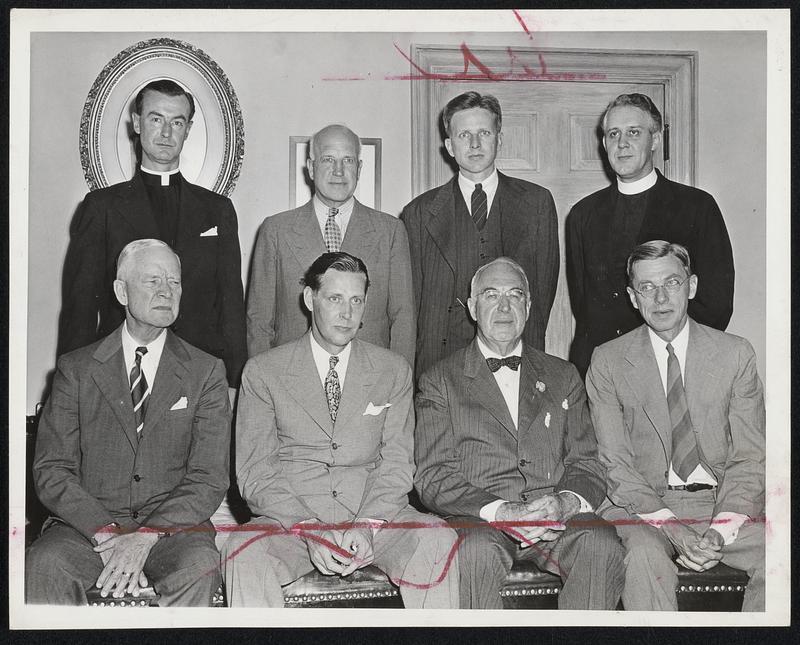 Devens College Directors-Six college presidents and a president-elect were sworn in by Gov. Tobin yesterday as trustees of Massachusetts State College to direct the college extension for veterans at Fort Devens. Left to right (front) are: Adm. W. T. Cluverius, Worcester Polytechnic Institute; Gov. Tobin; Dr. Daniel L. Marsh, Boston University; Dr. James B. Conant, Harvard; (rear), the Very Rev. William L. Kelleher, S. J., Boston College; Dr. Carl S. Ell, Northeastern University; Dr. Charles W. Cowles, president-elect of Amherst; the Very Rev. William Healy, S.J., Holy Cross College.