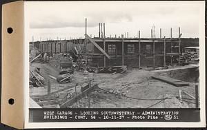 Contract No. 56, Administration Buildings, Main Dam, Belchertown, west garage, looking southwesterly, Belchertown, Mass., Oct. 11, 1937