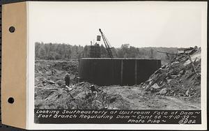 Contract No. 66, Regulating Dams, Middle Branch (New Salem), and East Branch of the Swift River, Hardwick and Petersham (formerly Dana), looking southeasterly at upstream face of dam, east branch regulating dam, Hardwick, Mass., Jul. 10, 1939