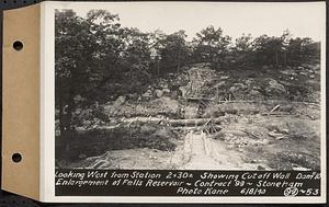 Contract No. 99, Enlargement of Fells High Level Distribution Reservoir, Stoneham, Malden, Melrose, looking west from Sta. 2+30+/- showing cutoff wall, dam 10, enlargement of Fells Reservoir, Stoneham, Mass., Jun. 8, 1940